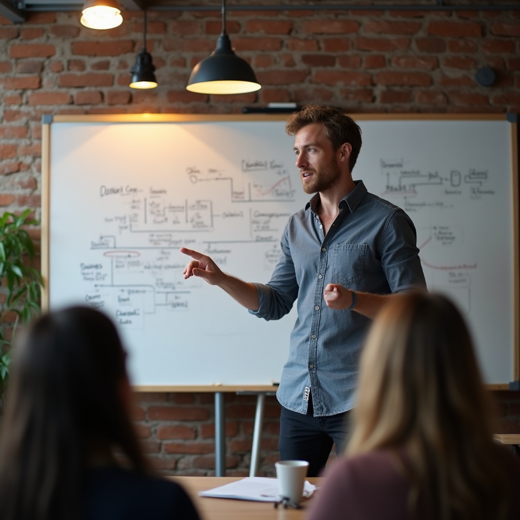 Workshopleiter erklärt Budgetplanung an einem Whiteboard